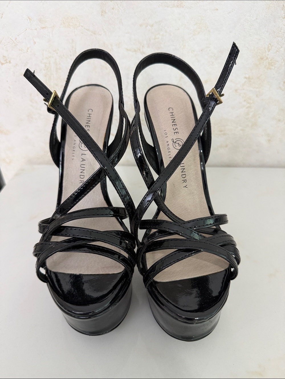 Chinese Laundry Black Patent Cross-Strap Platform Heels